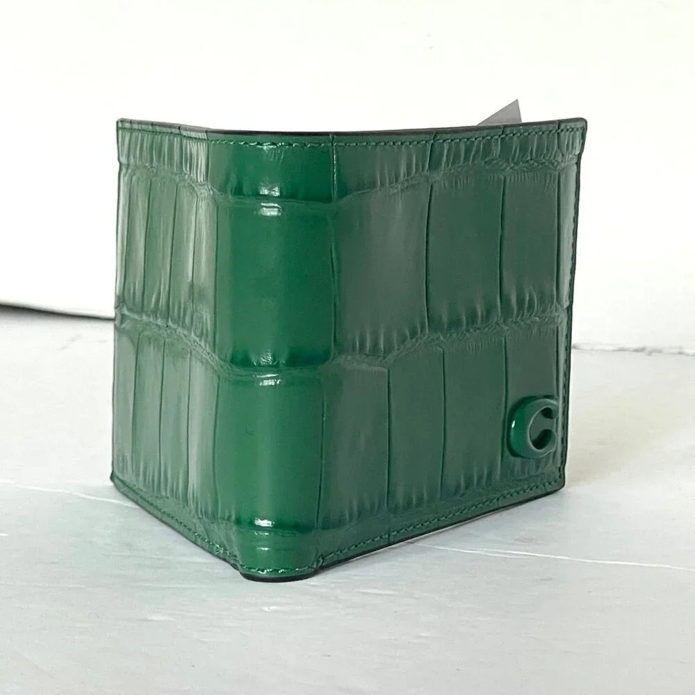 Coach Mens Slim Billfold Wallet Green Croc Embossed Leather